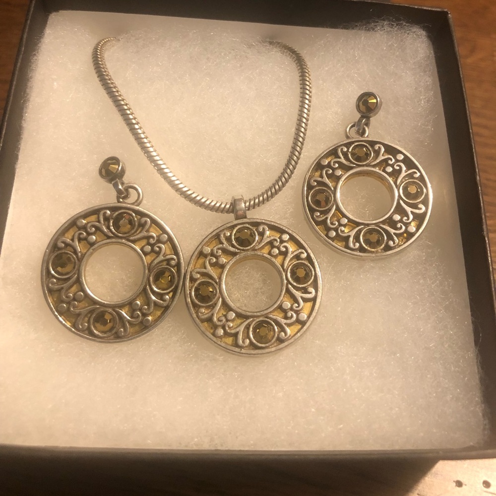 Brighton (authentic) earrings & necklace set. Silver/gold combo-gold crystals.